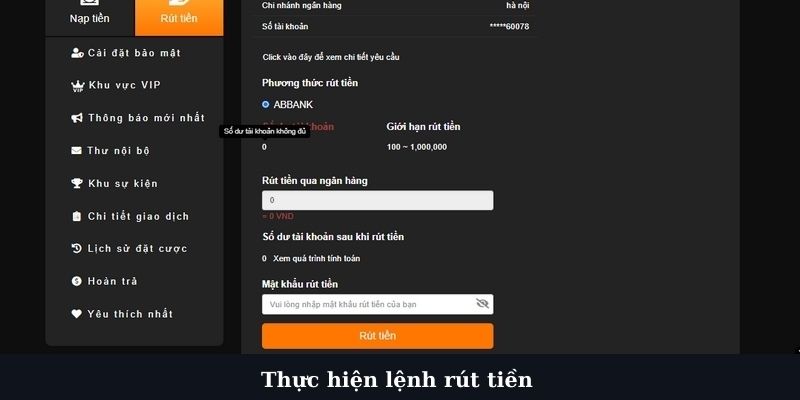 Thực hiện lệnh rút tiền tại trang