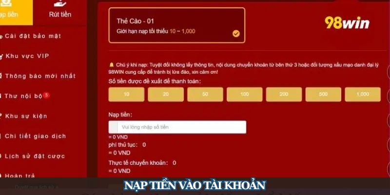 Nạp tiền vào tài khoản cược để tham gia trải nghiệm game slot