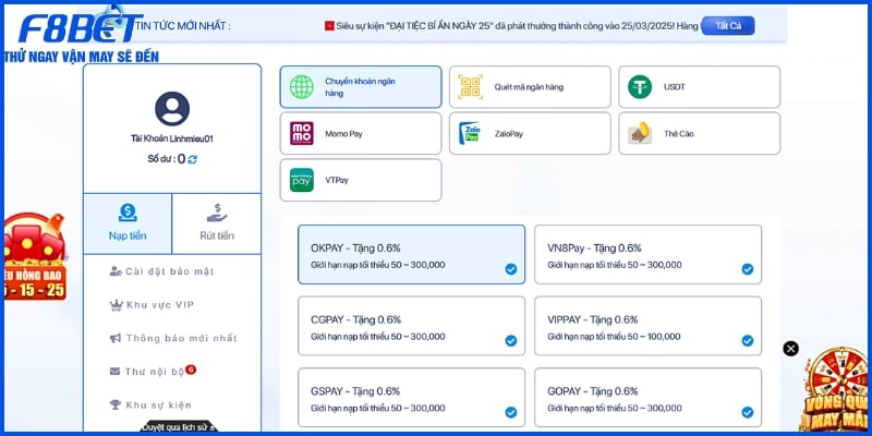 Giao dịch nạp rút tại F8 BET tốc độ và an toàn hài lòng nhiều người chơi