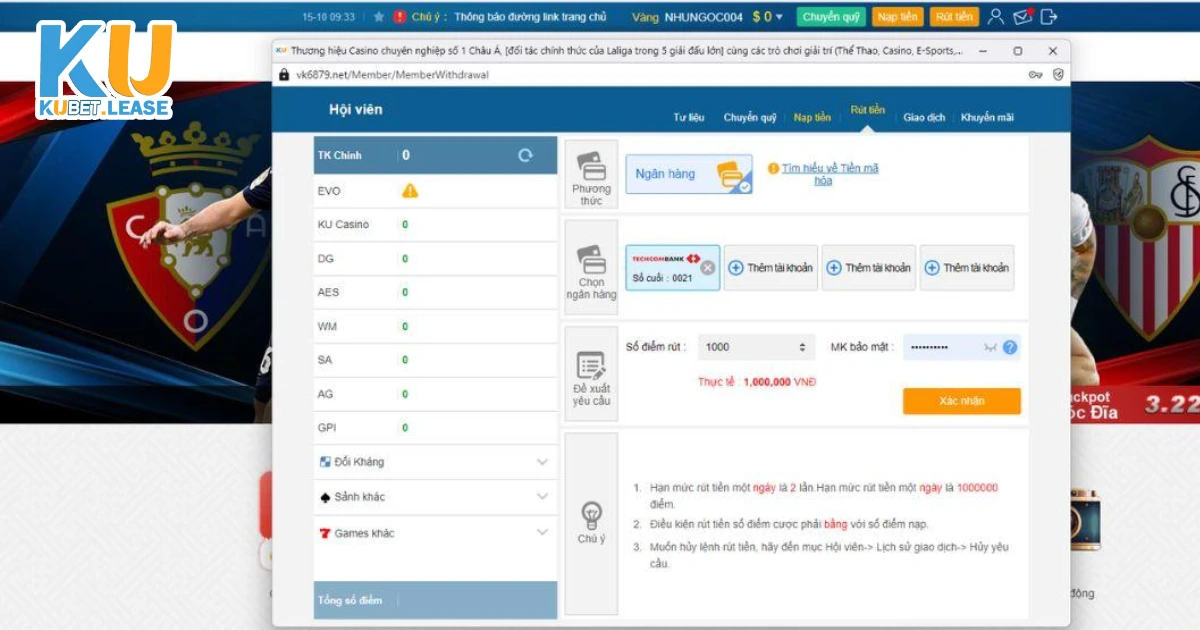 Quy trình rút tiền tại KUBET