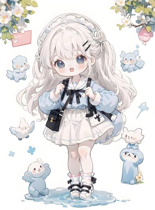 Cô bé chibi mỉm cười ngọt ngào trên nền pastel.
