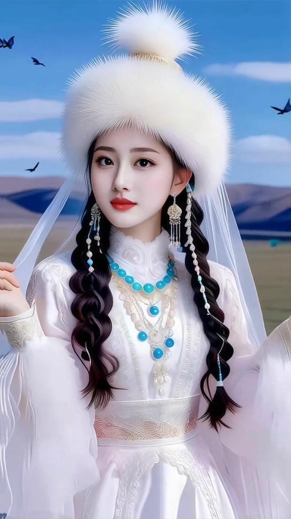 Girl trong trang phục Trung Quốc đứng bên đèn lồng.
