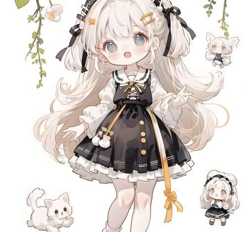 Nhân vật chibi nhỏ nhắn giữa nền màu pastel.
